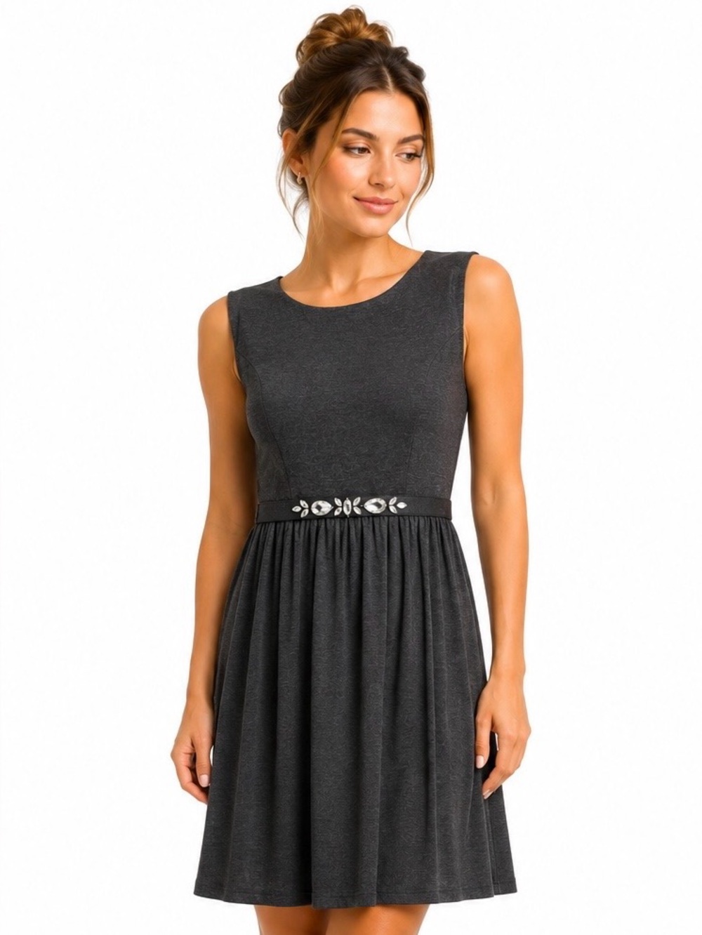Elle Charcoal Heather Black Jersey Knit Mini Dress Bejeweled Belt (Size 6)